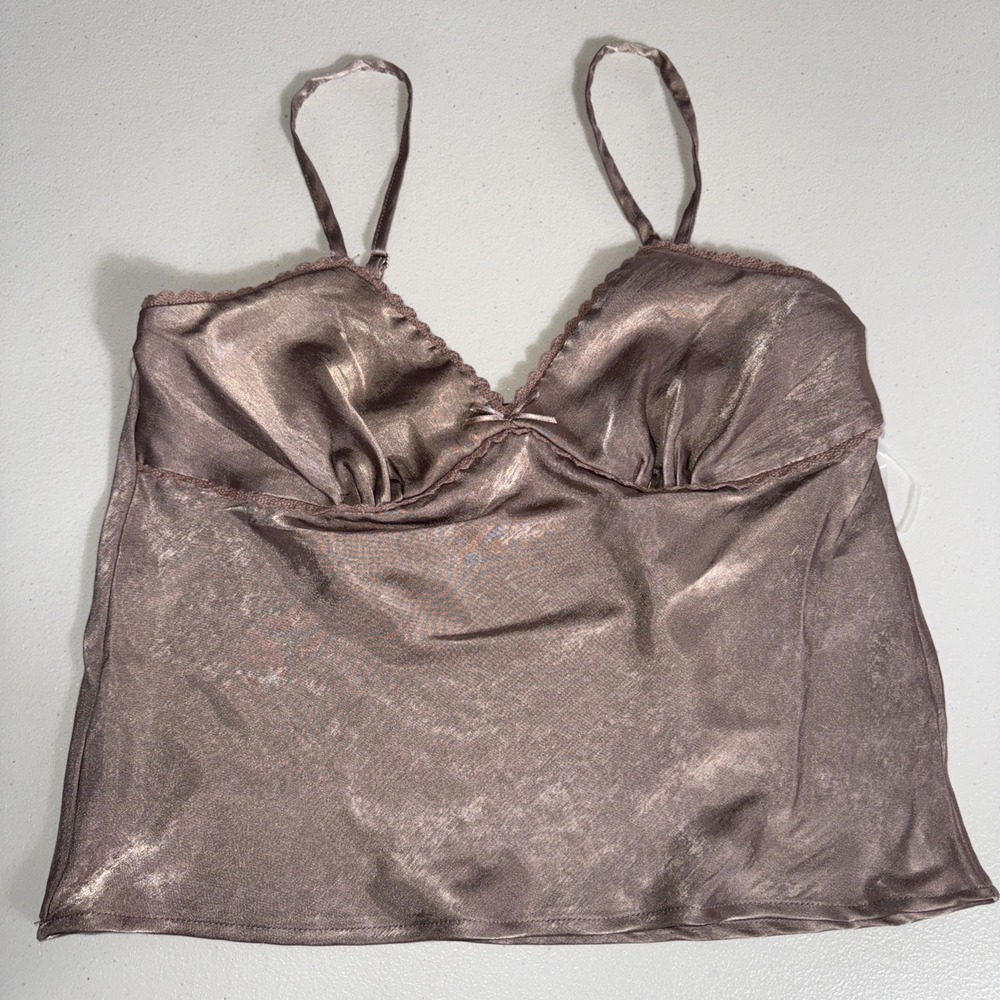 No Boundaries Woven Cami Top Lace Trim Bow, Women's Brown Mocha Sz Medium (8-10)